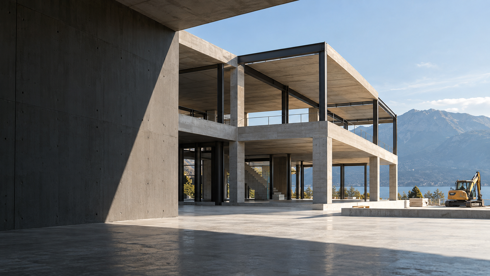 construcție contemporană din beton și metal, pe un șantier ordonat